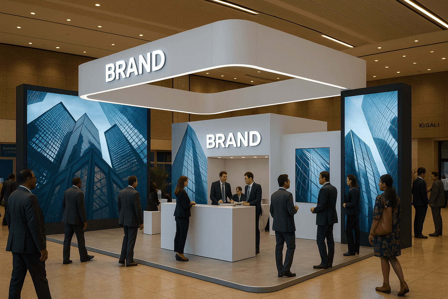 Modern exhibition booth with strong lighting and branding in a trade show hall