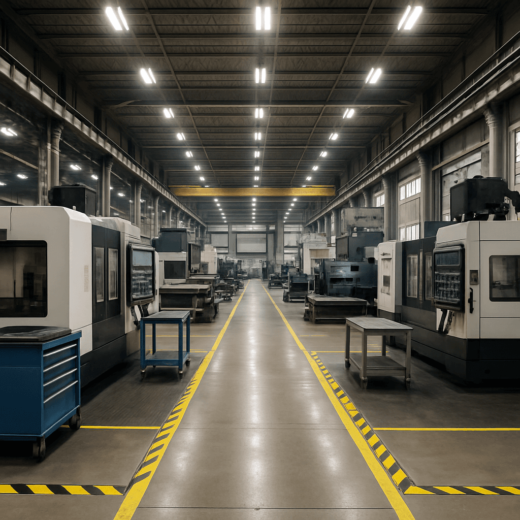 Modern manufacturing facility interior with efficient layout and safety markings