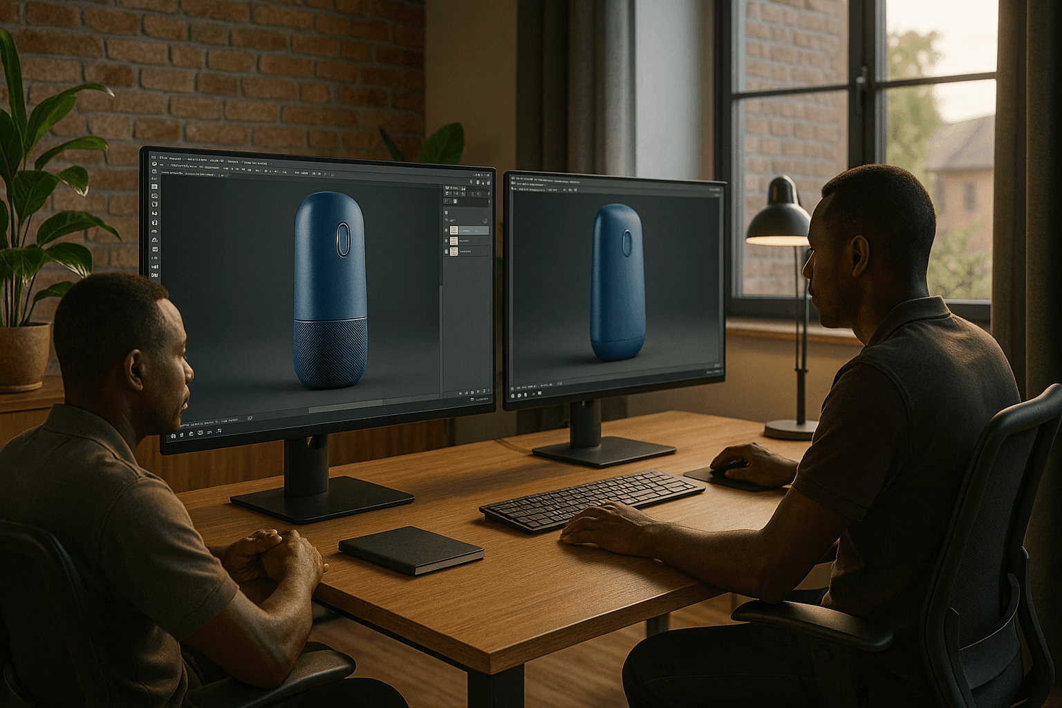 Rwandan designers in Kigali reviewing a 3D product visualization on large screens