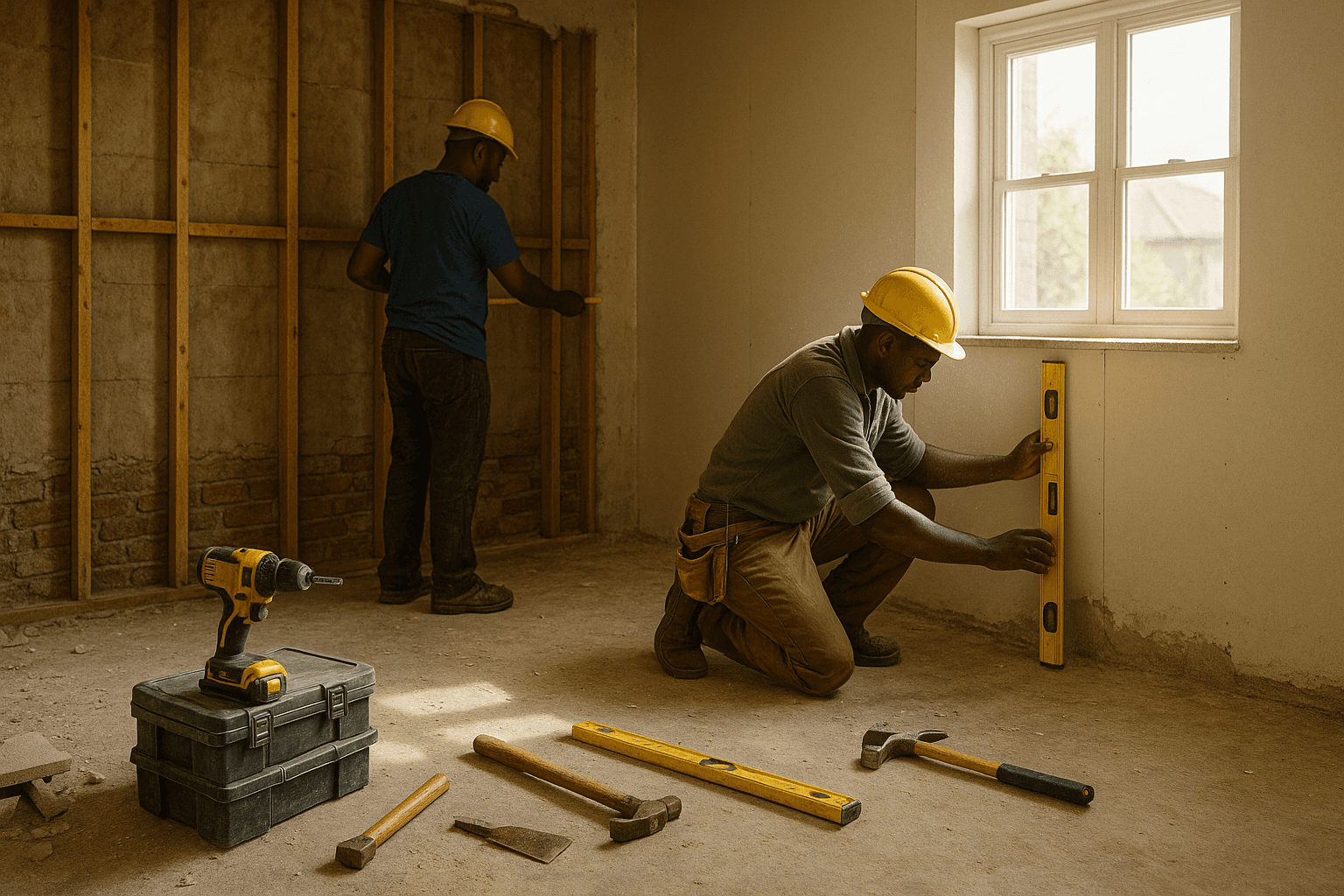 Home renovation interior showing exposed walls and construction tools