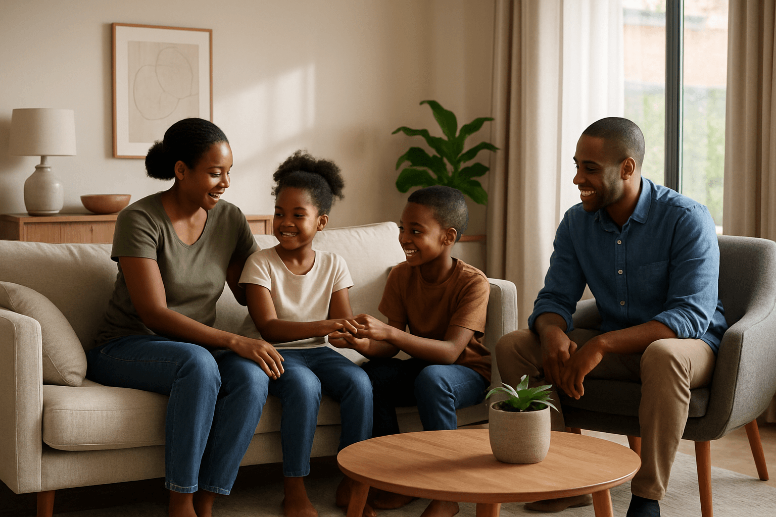 Rwandan family inside a Kigali home arranged with a functional interior layout